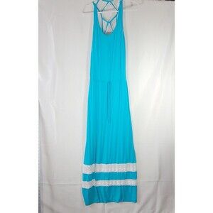 Bebe Teal Peacock Blue Strappy Back Crochet Lace Trim Maxi Dress Size Small